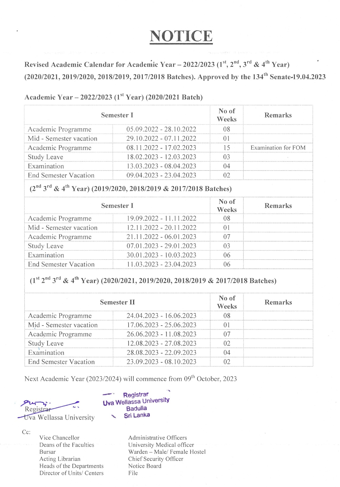 Student Notices Uva Wellassa University