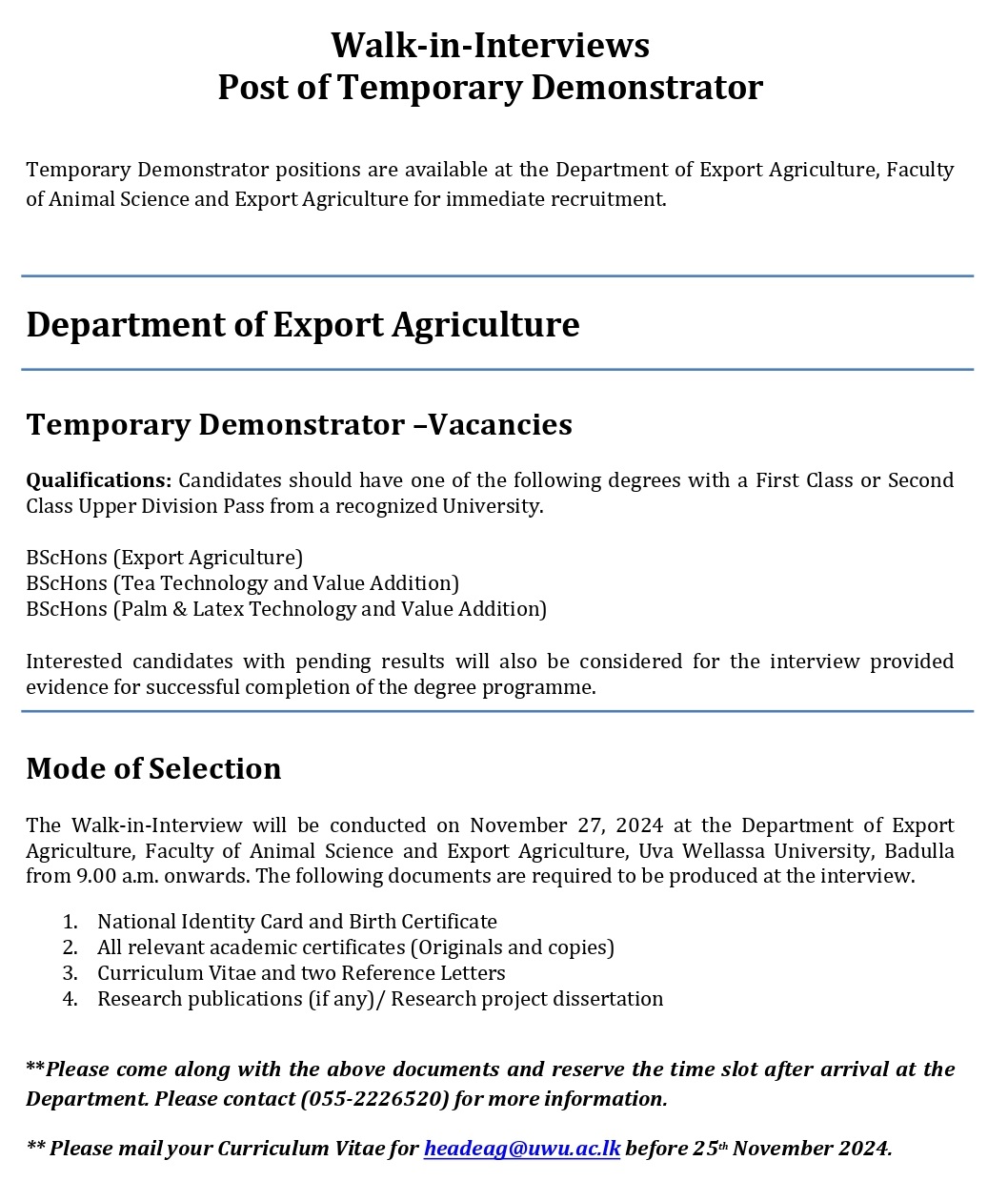 Post of Temporary Demonstrator